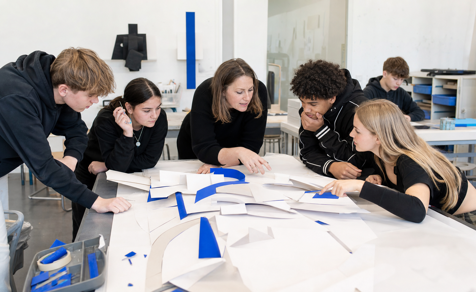 Kunstdocent en scholieren bespreken samen een abstracte constructie van wit en blauw papier