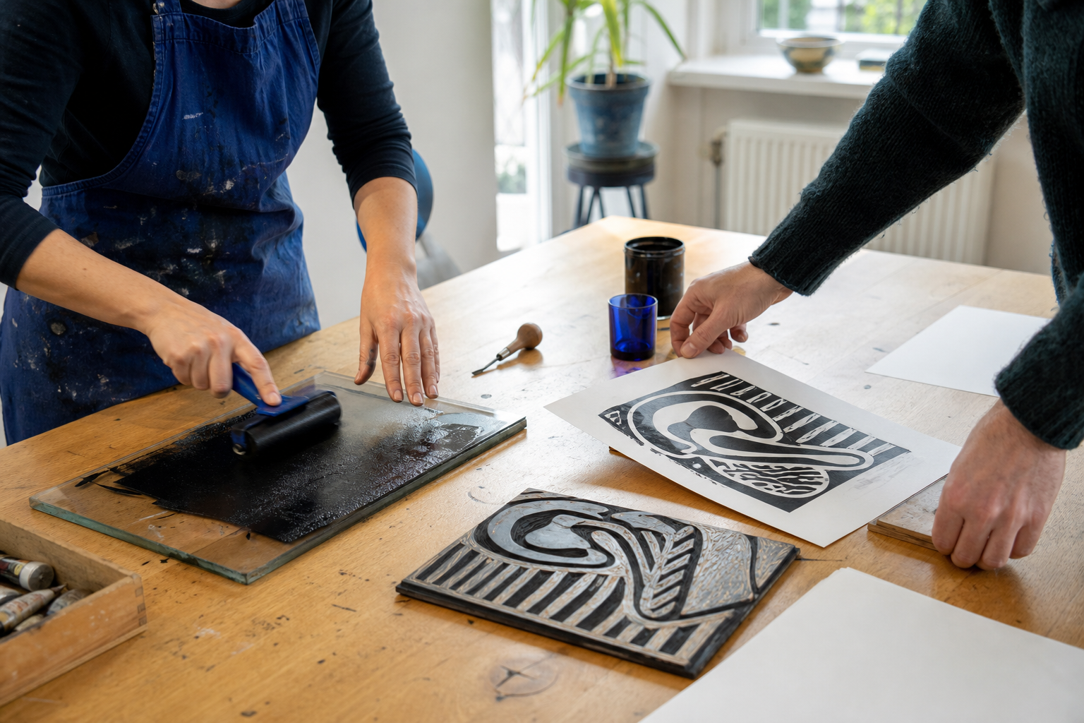 Twee mensen maken samen een zwarte linodruk aan een houten keukentafel