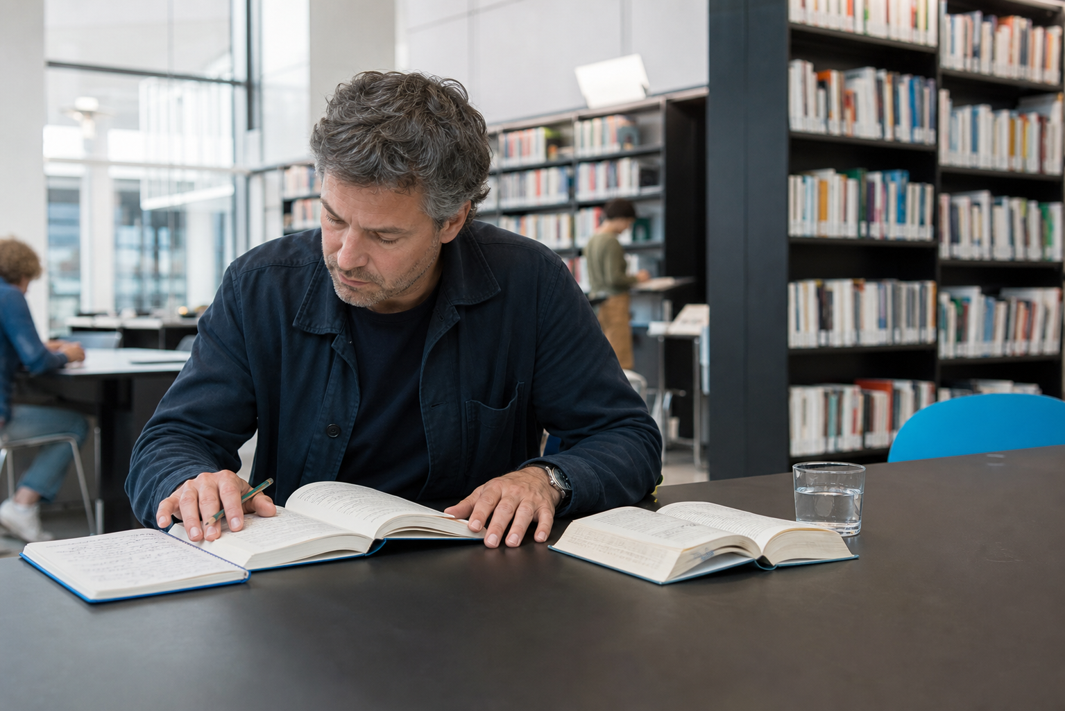 Lezer vergelijkt twee open boeken en aantekeningen aan een tafel in een moderne bibliotheek