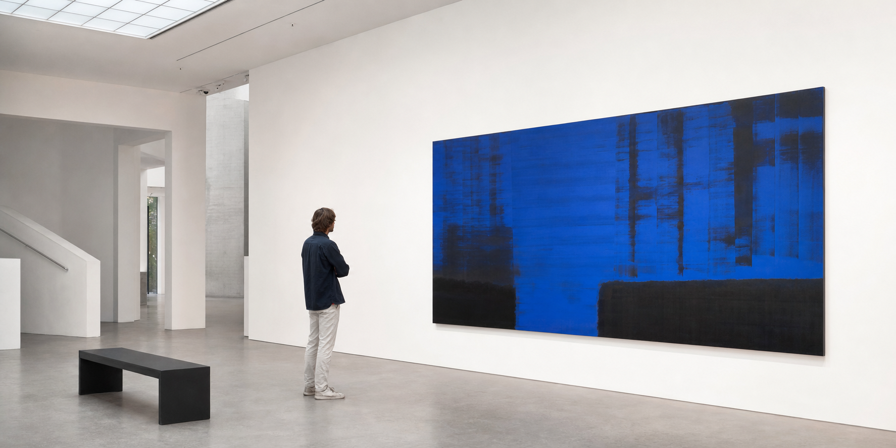 Museumbezoeker bekijkt op afstand een groot kobaltblauw en zwart schilderij